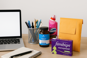 Produkttest Erfahrungen: Arbeitsplatz mit Laptop, Notizbuch und getesteten Produkten wie Nahrungsergänzungsmittel und Haushaltsreiniger.