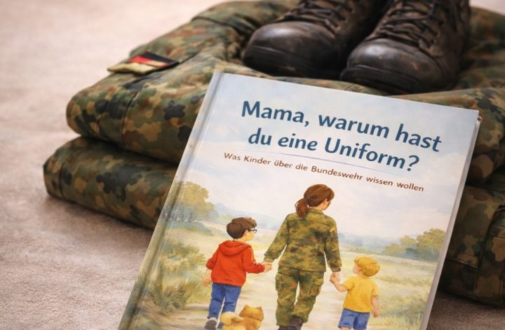 Kinderbuch über Frauen in der Bundeswehr liegt auf gefalteter Uniform mit Stiefeln