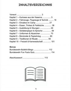 Inhaltsverzeichnis aus dem Bundeswehr Buch Unnützes Wissen mit Kapiteln über Kaserne, Fahrzeuge, Ausbildung und Kameradschaft