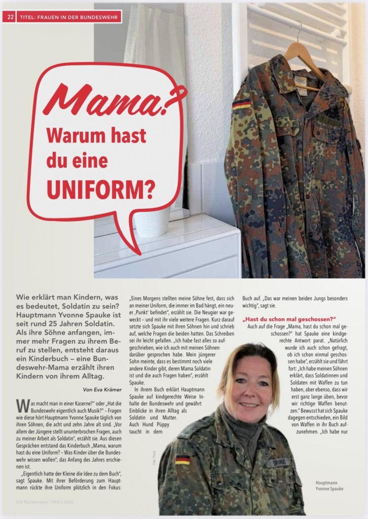 Artikel im Magazin „Die Bundeswehr“ über das Kinderbuch „Mama, warum hast du eine Uniform?“ im Rahmen des Themas Frauen in der Bundeswehr