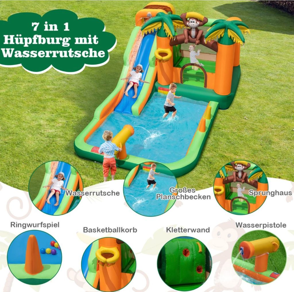 Hüpfburg mit Wasserrutsche und Spielmöglichkeiten für Kinder