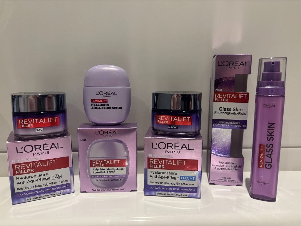 L’Oréal Revitalift Filler Tagespflege Nachtpflege Aqua Fluid und Glass Skin Fluid