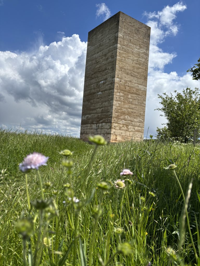Bruder Klaus Kapelle hinter einer Blumenwiese in der Eifel
