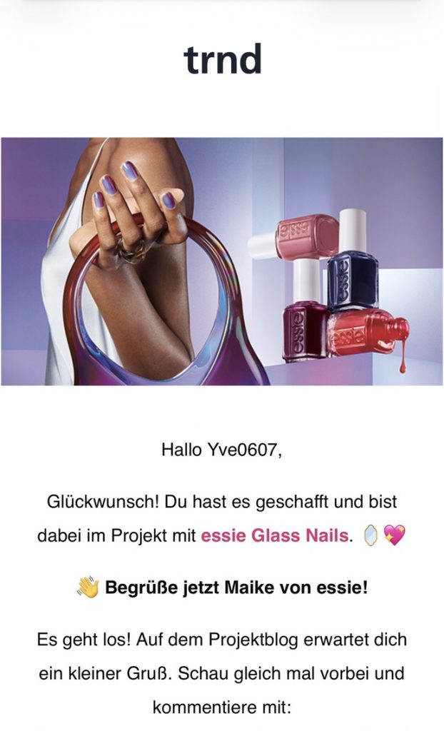 Screenshot der trnd Bestätigung für das essie Glass Nails Produkttest Projekt
