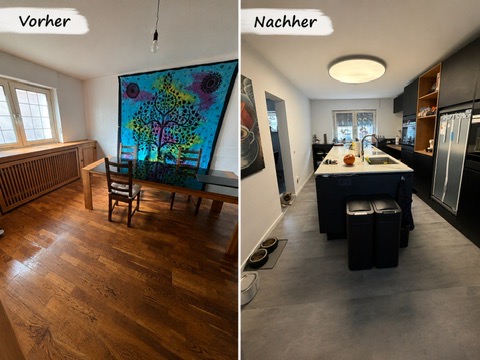 Ehemaliges Esszimmer vor und nach dem Umbau zur Küche